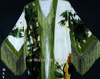 Fringe Jacket Kimono Duster Silk Solid Velvet Peacock Ivory Multi Maya Matazaro Made in USA