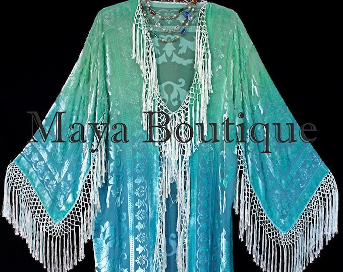 Wearable Art Jade Turquoise Burnout Velvet Kimono Jacket Hand Dyed Maya Matazaro Made in USA