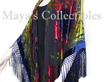 Maya Matazaro Tye Dye Pink Gold Blue Multi Fringe Kimono Burrnout Velvet Jacket Coat