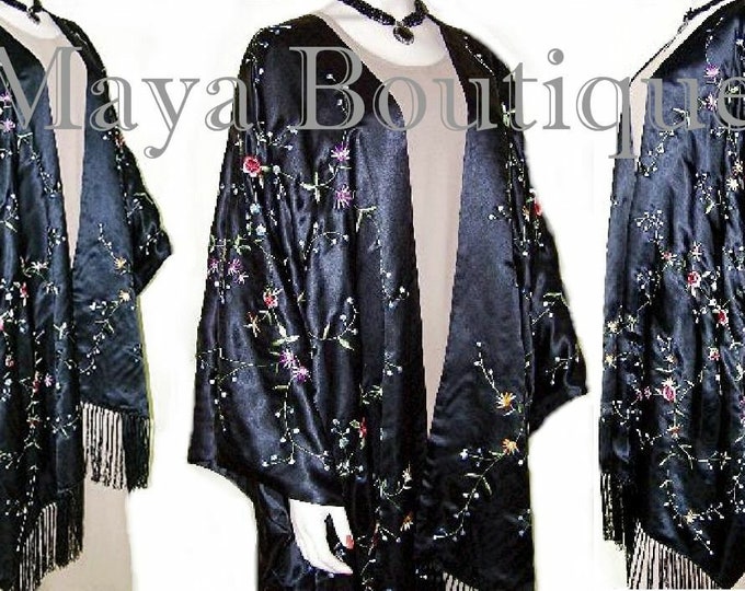 Elegant Black Embroidered Silk Kimono Caftan Duster Opera Coat Maya Matazaro XL UP TO 5x