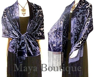 Shawl Wrap Scarf Burnout Velvet Art Nouveau Oblong Navy Blue Maya Matazaro