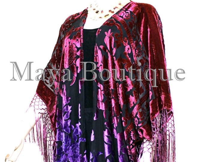 Violet Magenta Wearable Art Kimono Caftan Fringe Jacket Burnout Velvet Hand Dyed