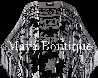 Silver Gray Caftan Duster Fringe Jacket Kimono Burnout Velvet Maya Matazaro