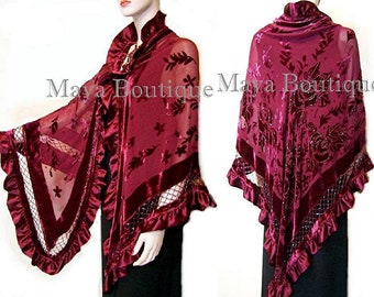 BURGUNDY Shawl Scarf Wrap Silk Burnout Velvet Triangle Ruffles Maya Matazaro