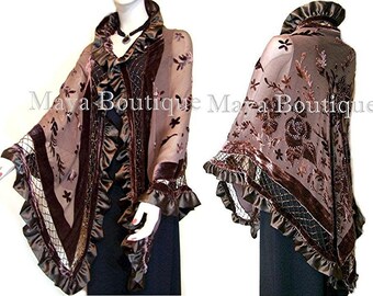 Chocolate Brown Shawl Scarf Wrap Silk Beaded Burnout Velvet Triangle Ruffles Maya Matazaro