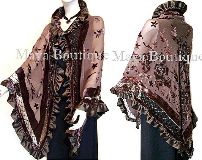 Chocolate Brown Shawl Scarf Wrap Silk Beaded Burnout Velvet Triangle Ruffles Maya Matazaro