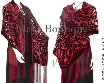 Maya Matazaro Shawl Wrap Scarf Burnout Velvet Art Nouveau Deep Red Fringed