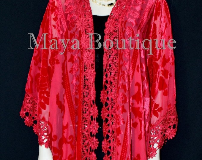 Scarlet Red Lace & Burnout Velvet Kimono Caftan Jacket Duster Maya Matazaro One size