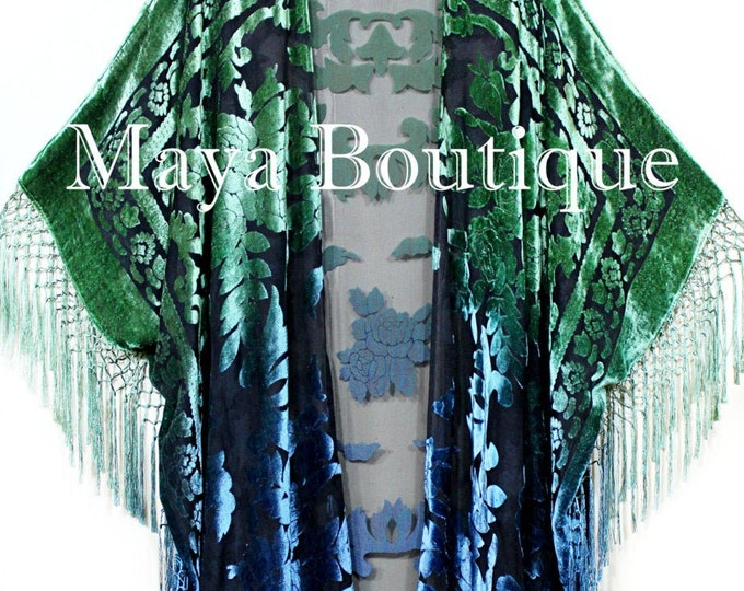 Blue Green Wearable Art Kimono Caftan Jacket Velvet Hand Dyed Maya Matazaro