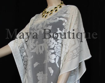 Burnout Velvet Caftan Dress Duster Kimono Ivory No Fringes Maya Matazaro USA
