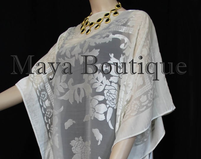 Burnout Velvet Caftan Dress Duster Kimono Ivory No Fringes Maya Matazaro USA
