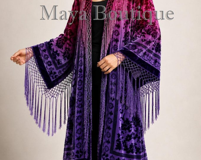 Hand Dyed Purple Magenta Burnout Velvet Kimono – Silk Velvet Wearable Art