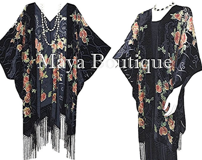 Tea Roses Caftan Kimono Burnout Velvet Black Orange Usa Made Maya Matazaro