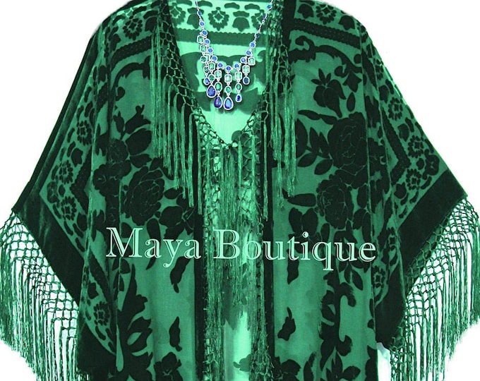 Forest Green Silk Burnout Velvet Fringe Jacket Kimono Duster Maya Matazaro Plus
