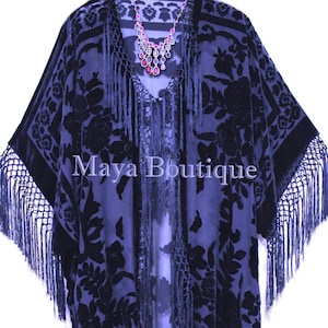 Navy Blue Silk Burnout Velvet Fringe Jacket Kimono Duster Maya Matazaro Plus