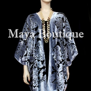 Maya Matazaro Baroque Burnout Velvet Caftan Kimono Jacket Silver Black USA Made
