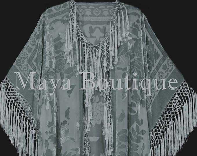 Sage Green Kimono Duster Fringe Jacket Silk Burnout Velvet Maya Matazaro Plus