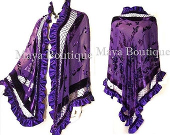 Purple Shawl Scarf Wrap Silk Beaded Burnout Velvet Triangle Ruffles Maya Matazaro