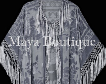 Silver Gray Fringe Jacket Kimono Duster Silk Burnout Velvet Maya Matazaro Plus