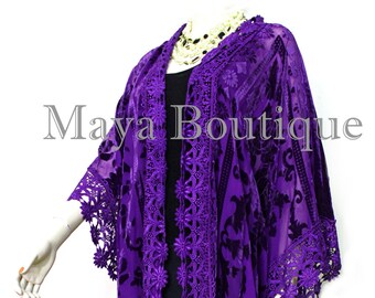 Purple Lace & Burnout Velvet Kimono Caftan Chaqueta Duster Maya Matazaro Un tamaño