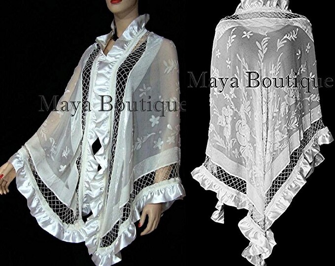 Ivory Shawl Scarf Wrap Silk Beaded Burnout Velvet Triangle Ruffles Maya Matazaro