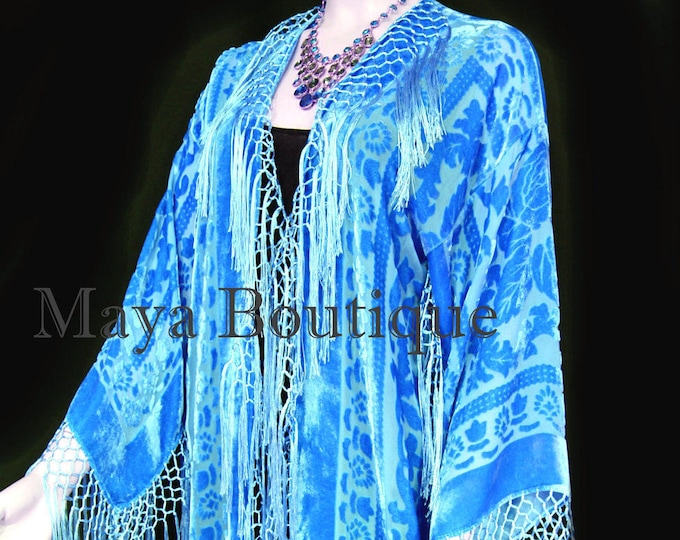 Sky Blue Maya Matazaro Silk Burnout Velvet Fringes Jacket Kimono Long Coat Kimono