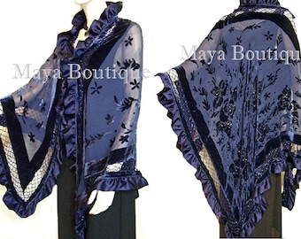 Navy Blue Shawl Scarf Wrap Silk Burnout Velvet Triangle Ruffles Maya Matazaro