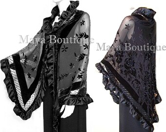 Black Shawl Scarf Wrap Silk Beaded Burnout Velvet Triangle Ruffles Maya Matazaro