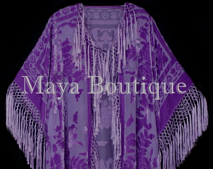 Lavender Silk Burnout Velvet Fringe Jacket Kimono Duster Wearable Art Maya Matazaro Plus Size