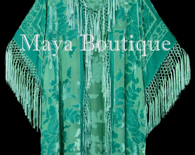 Tiffany Mint Silk Burnout Velvet Fringe Jacket Kimono Duster Wearable Art Maya Matazaro Plus Size