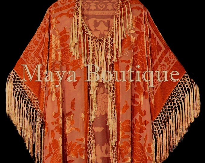 Orange Fringe Jacket Kimono Duster Silk Burnout Velvet Maya Matazaro Plus