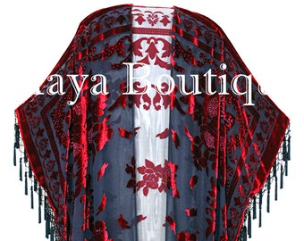 Maya Matazaro Red & Black Beaded Silk Burnout Velvet Kimono Opera Coat Jacket