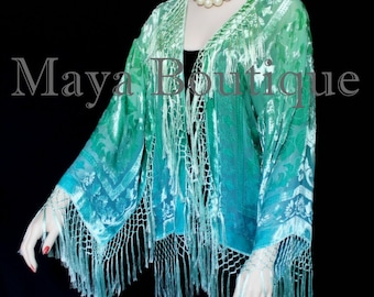 Wearable Art Burnout Velvet Kimono Jacket Hand Dyed Jade Turquoise Short Maya Matazaro
