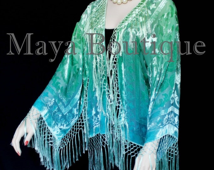 Wearable Art Burnout Velvet Kimono Jacket Hand Dyed Jade Turquoise Short Maya Matazaro