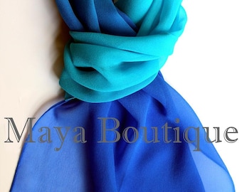 Silk Chiffon Scarf Hand Dyed Blue Turquoise Ombre Maya Matazaro - Art to wear