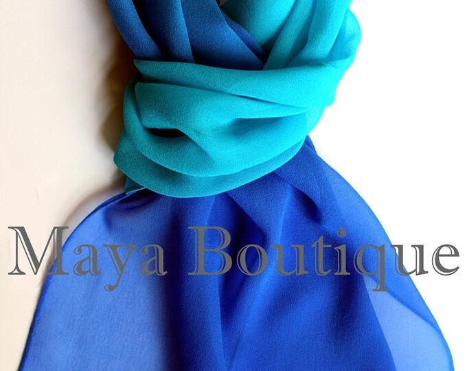 Silk Chiffon Scarf Hand Dyed Blue Turquoise Ombre Maya Matazaro - Art to wear