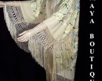 Fabulous Embroidered Silk Opera Coat Kimono Jacket Pastels Greens Multi