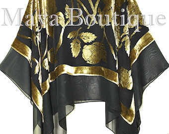 Maya Matazaro Layered Poncho Top Silk Burnout Velvet & Chiffon Black Antique Gold