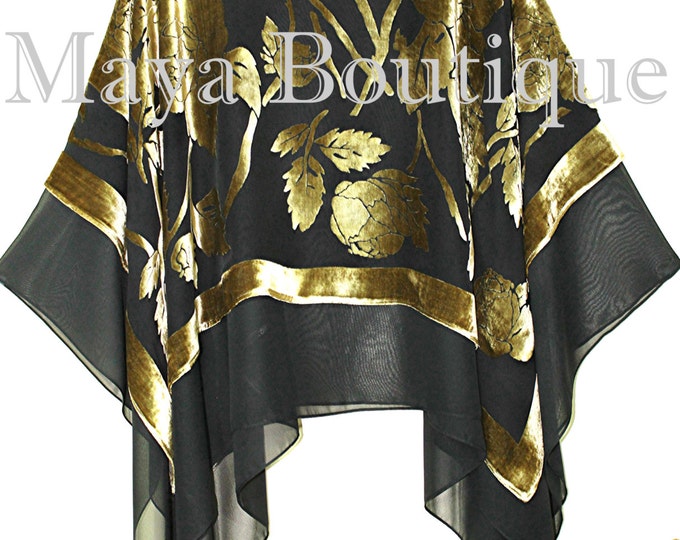 Maya Matazaro Layered Poncho Top Silk Burnout Velvet & Chiffon Black Antique Gold