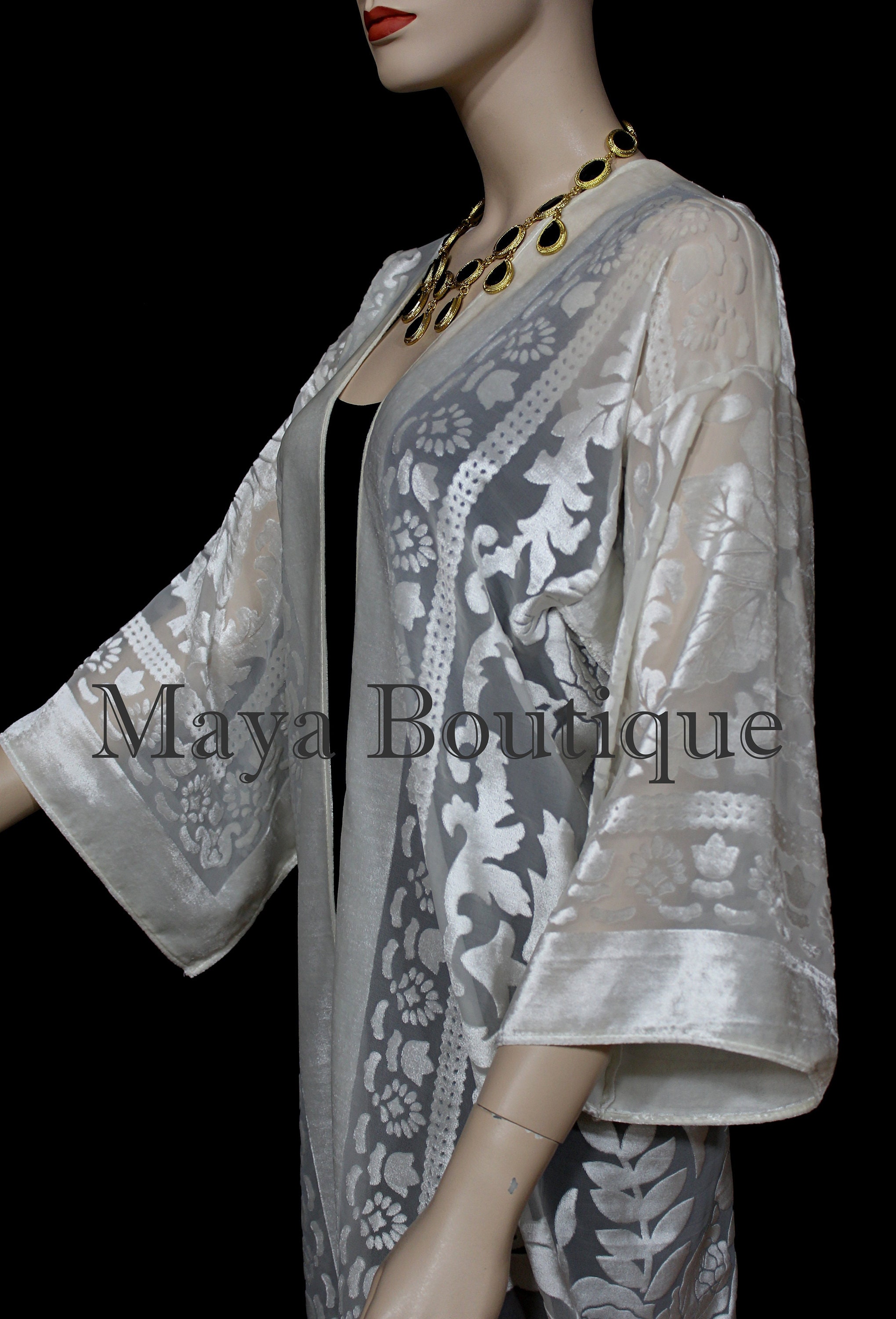 Jacket Matazaro Ivory Maya Burnout Long Fringe No Velvet Kimono