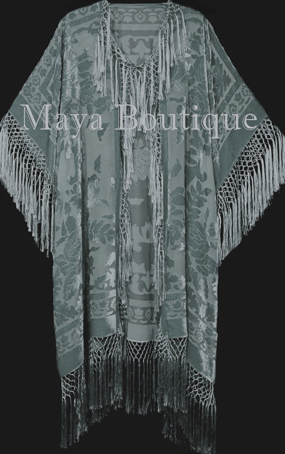 Sage Green Kimono Duster Fringe Jacket Silk Burnout Velvet Maya ...