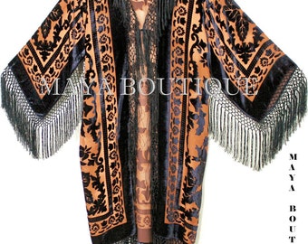 Tangerine & Black Silk Burnout Velvet Fringes Jacket Kimono Coat Maya Matazaro Long