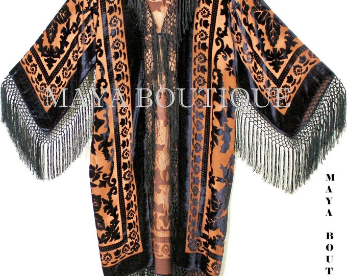 Tangerine & Black Silk Burnout Velvet Fringes Jacket Kimono Coat Maya Matazaro Long