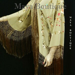 Giacca con frangia di seta Kimono Flapper Cappotto ricamato Light Olive Maya Matazaro