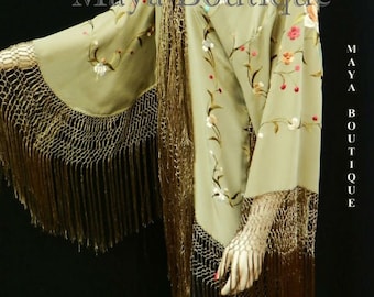 Silk Fringe Jacket Kimono Flapper Coat Embroidered Light Olive Maya Matazaro