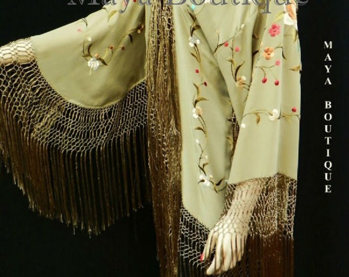 Silk Fringe Jacket Kimono Flapper Coat Embroidered Light Olive Maya Matazaro