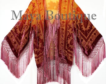 Wearable Art Velvet Kimono Jacket Hand Dyed Tangerine & Coco Short Maya Matazaro