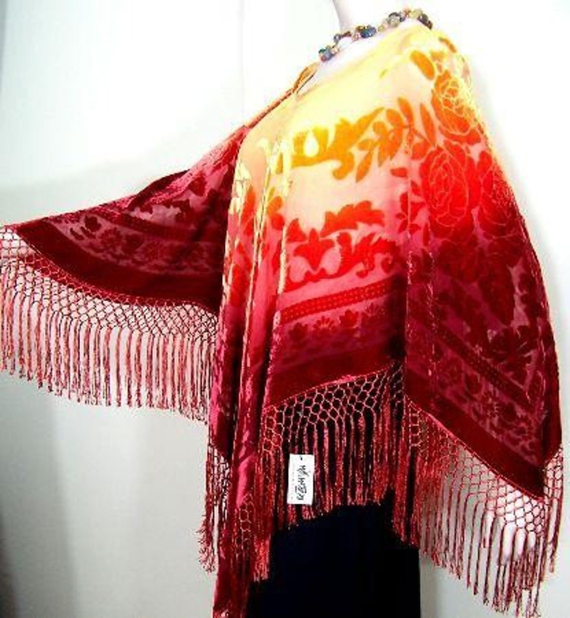 Silk Burnout Velvet Poncho Shawl Top Red and Gold Hand Dyed by - Etsy