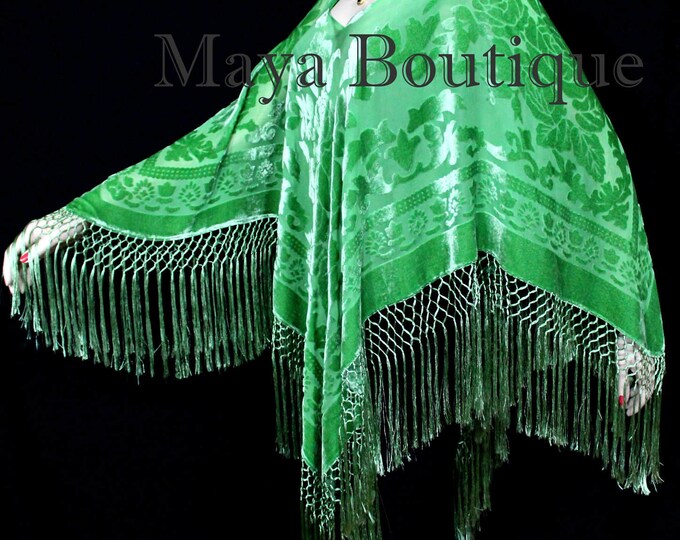 Green Silk Burnout Velvet Poncho Fringe Top Shawl Hand Dyed Maya Matazaro One Size