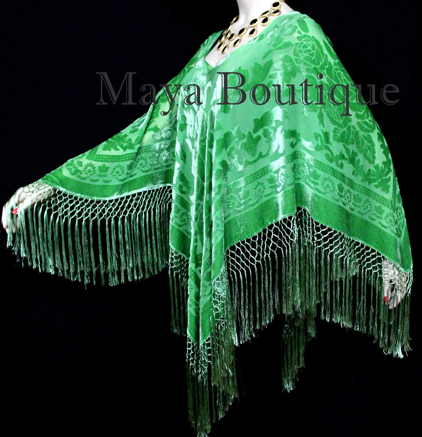 Green Silk Burnout Velvet Poncho Fringe Top Shawl Hand Dyed - Etsy